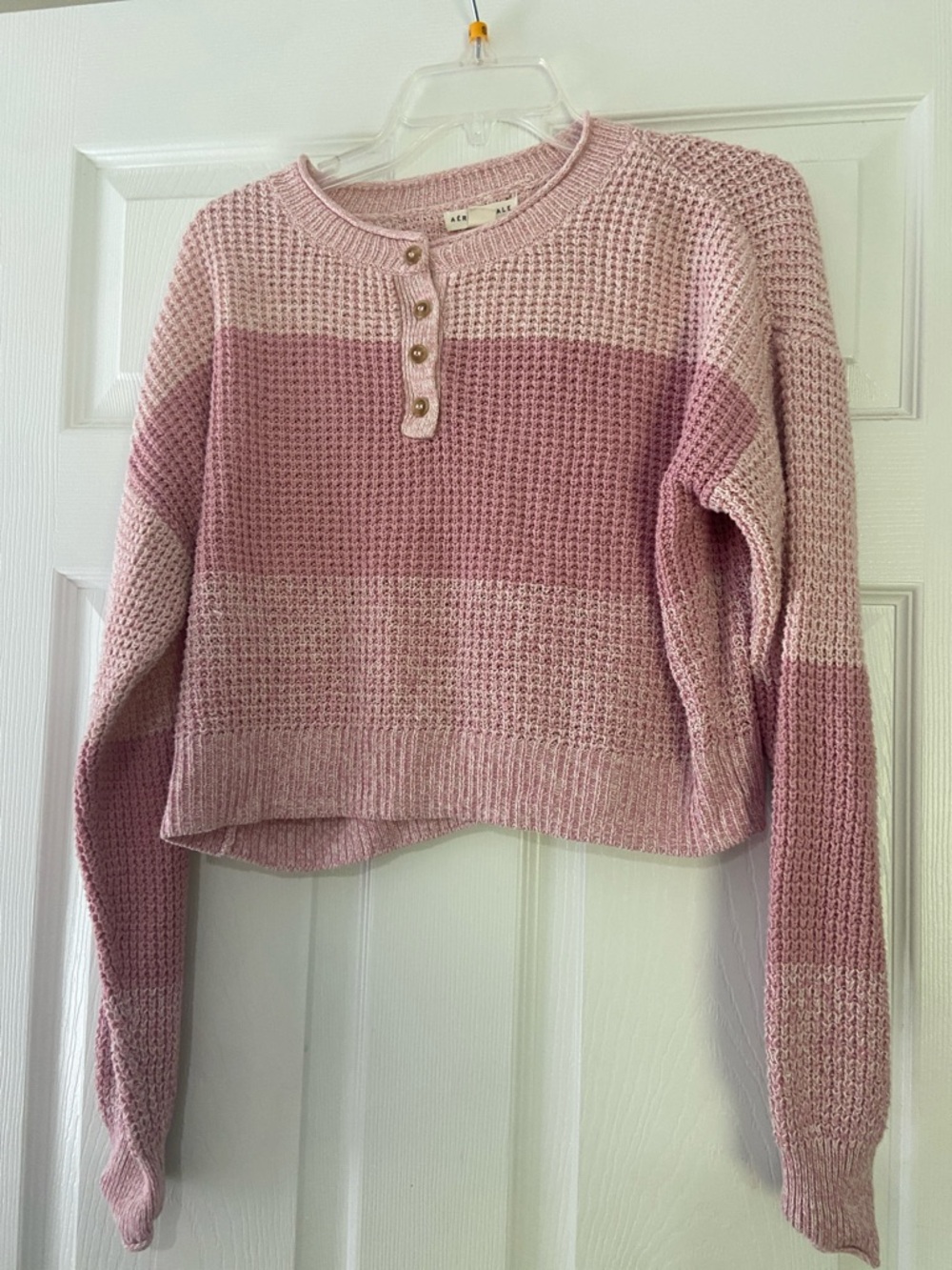 Aeropostale Pink Striped Waffle Knit Henley Sweater